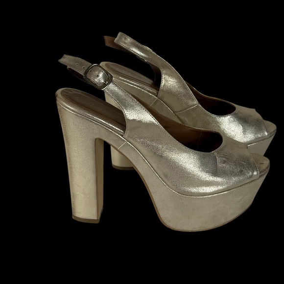 Cklass Gold Metallic Platform Slingback Peep Toe Block Heels Women's Size 8 - Picture 2 of 16